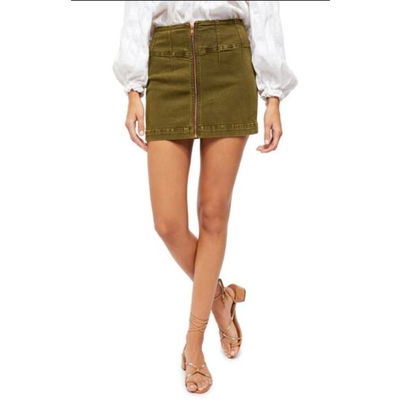 Free People Virgo Zip Front Mini Skirt Cadet Green Cotton Stretch Womens 26 - Picture 6 of 6